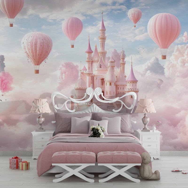 Magical princess mural installed in a little girl's bedroom, showing castle turrets and dreamy clouds