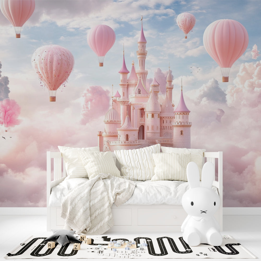 Pink castle wall mural bringing fairy tale charm to a playroom setting