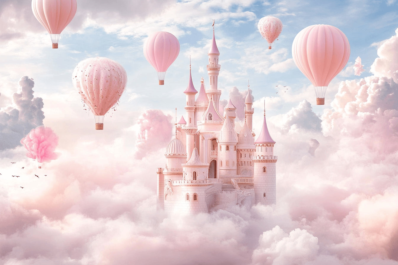 Design file of pink castle and hot air balloons pattern showing intricate details and color palette
