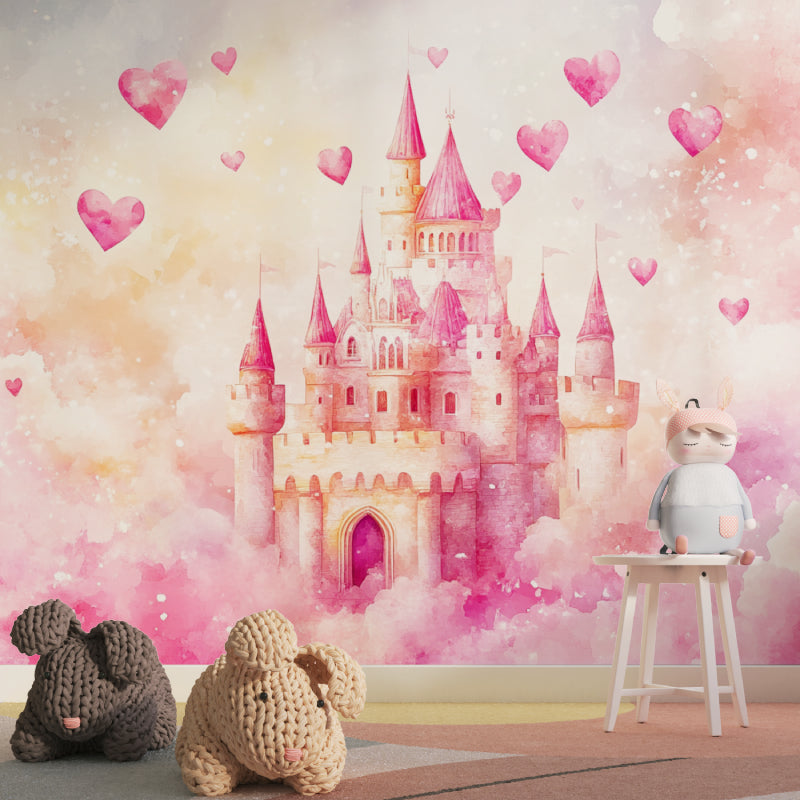 Pink castle wallpaper installed in a modern children's bedroom showing the full wall effect
