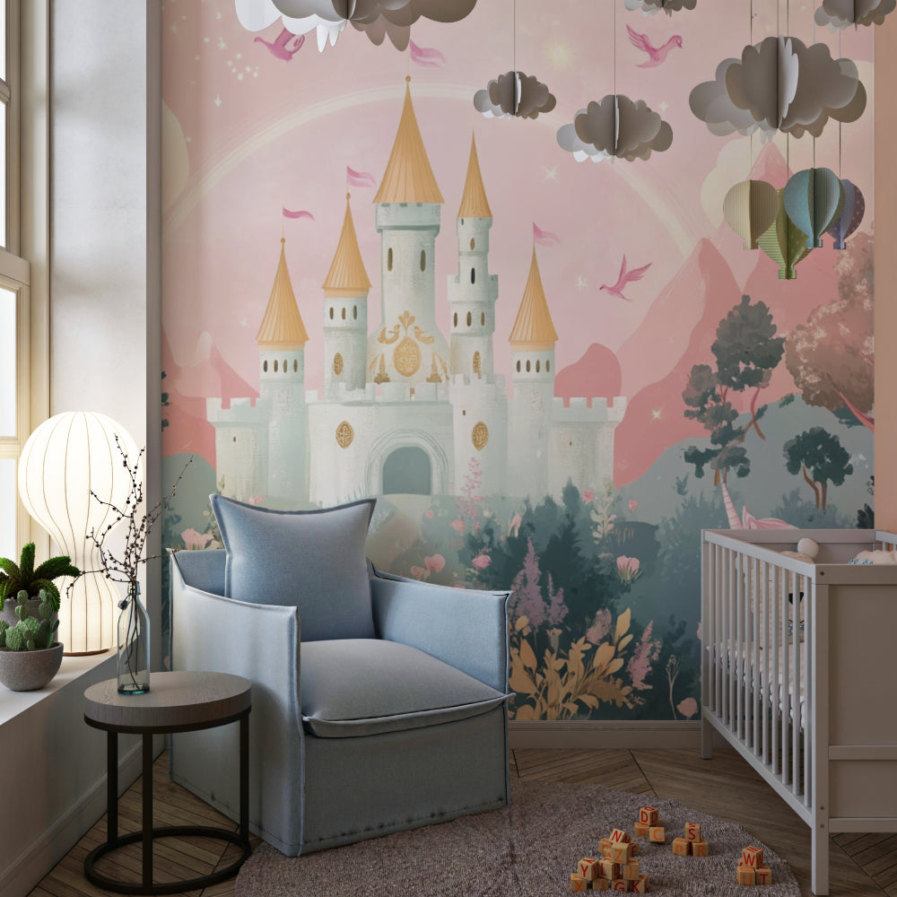 Princess castle wallpaper creating magic in a soft pink bedroom, with white furniture and flowing curtains