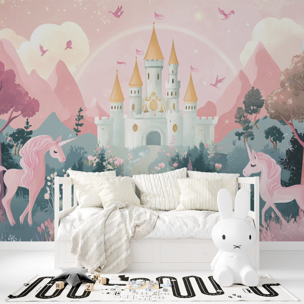 Enchanted castle mural in a playroom setting with reading nook and fairy lights