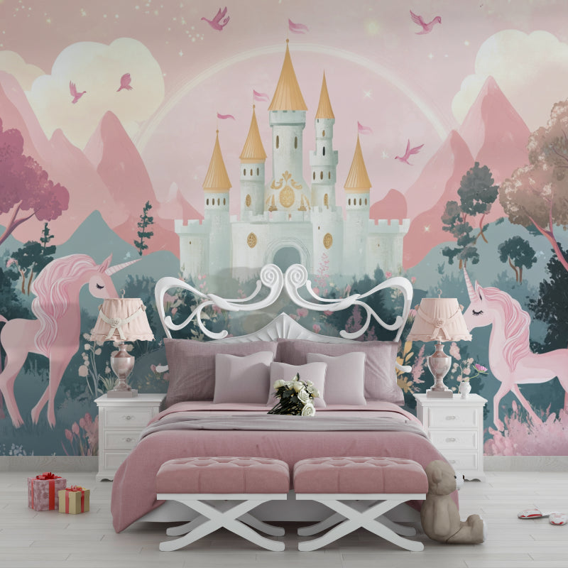 Princess wall mural brightening a nursery with gold accents and white crib