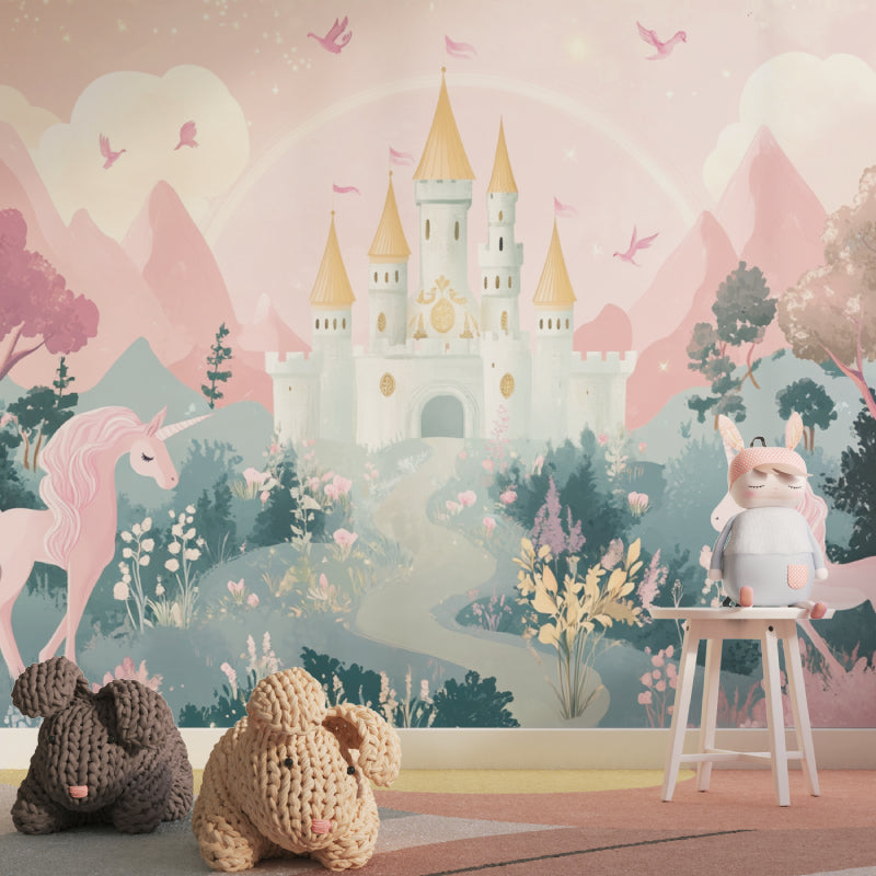 Pink unicorn castle mural creating wonder in a child's reading corner