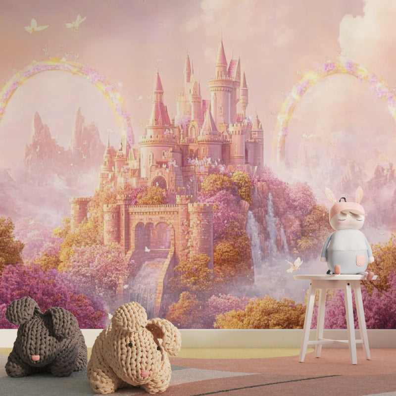 Princess castle wallpaper in a bright girl's bedroom, showing rainbow colors reflecting on white furniture