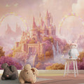 Princess castle wallpaper in a bright girl's bedroom, showing rainbow colors reflecting on white furniture