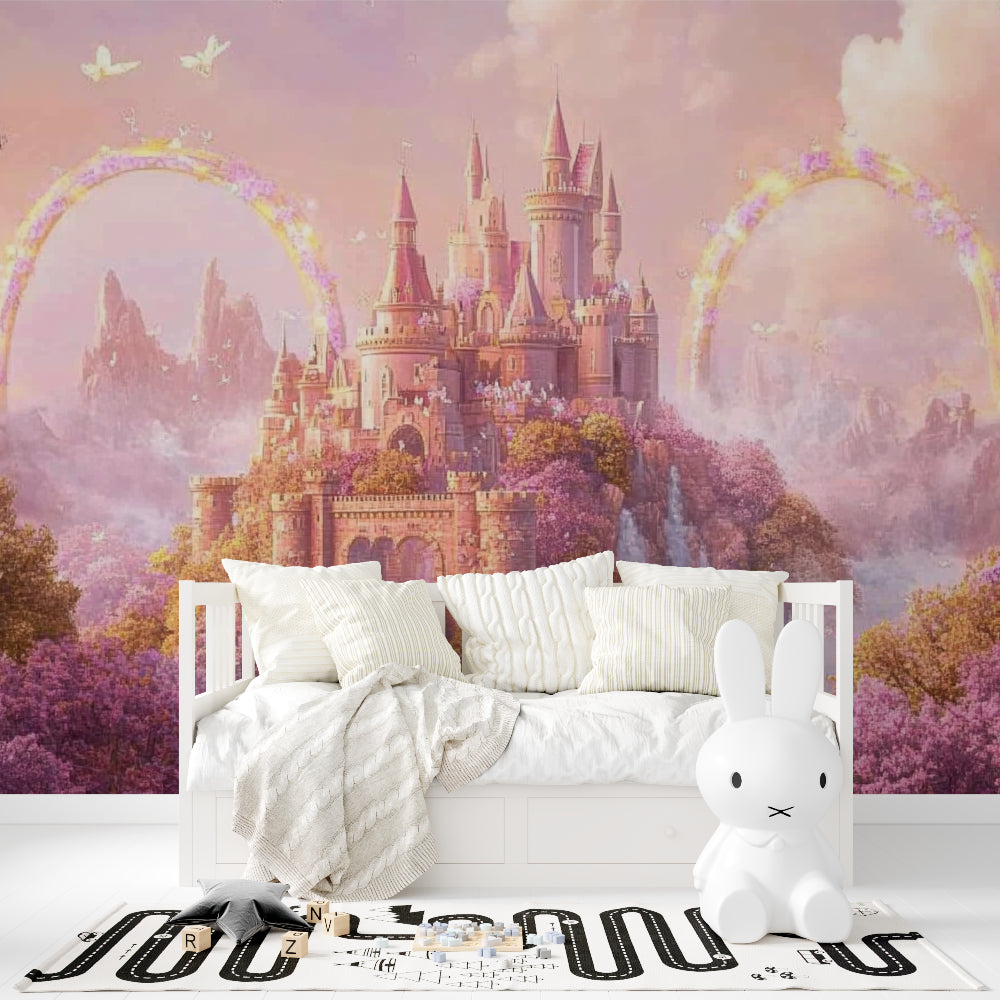 Magical castle mural displayed in a modern playroom with reading nook