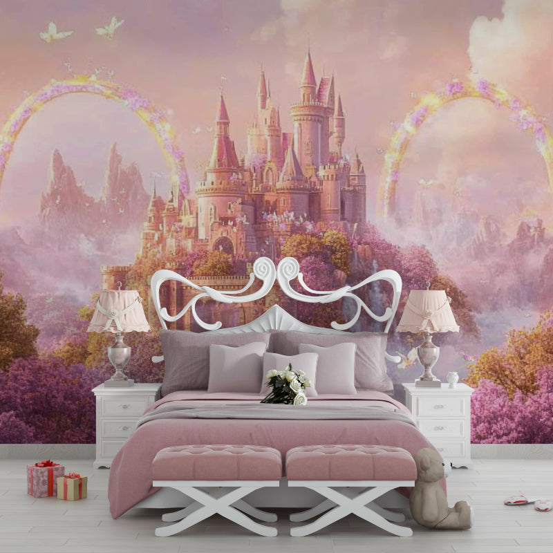 Enchanted castle wallpaper creating magic in a girl's study area