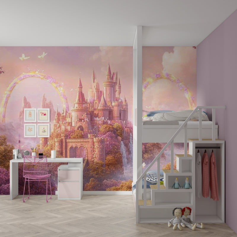 Princess castle mural transforming a simple bedroom into a fairy tale space