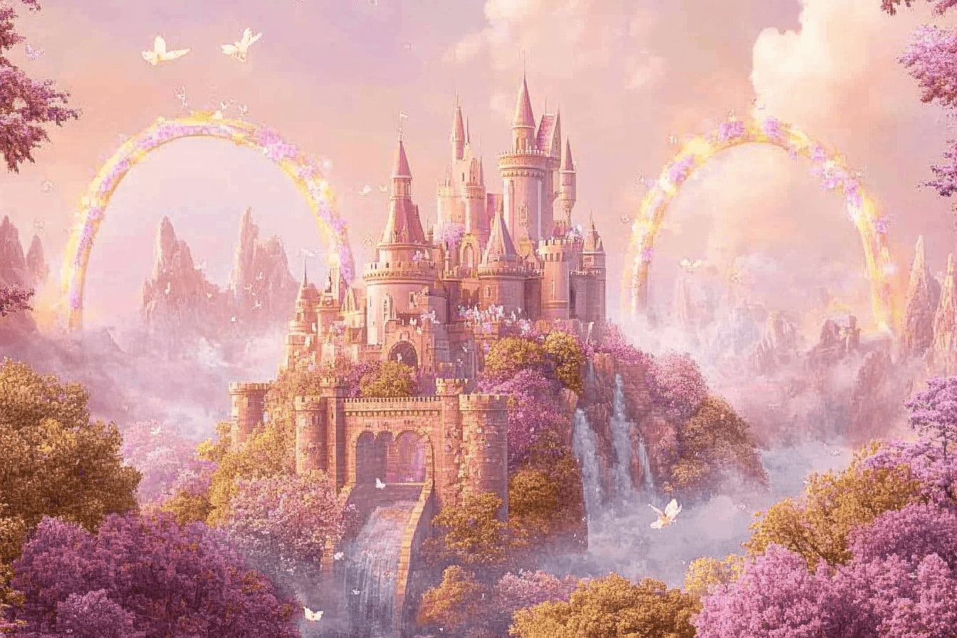 Princess castle wallpaper design file showing detailed castle and rainbow pattern