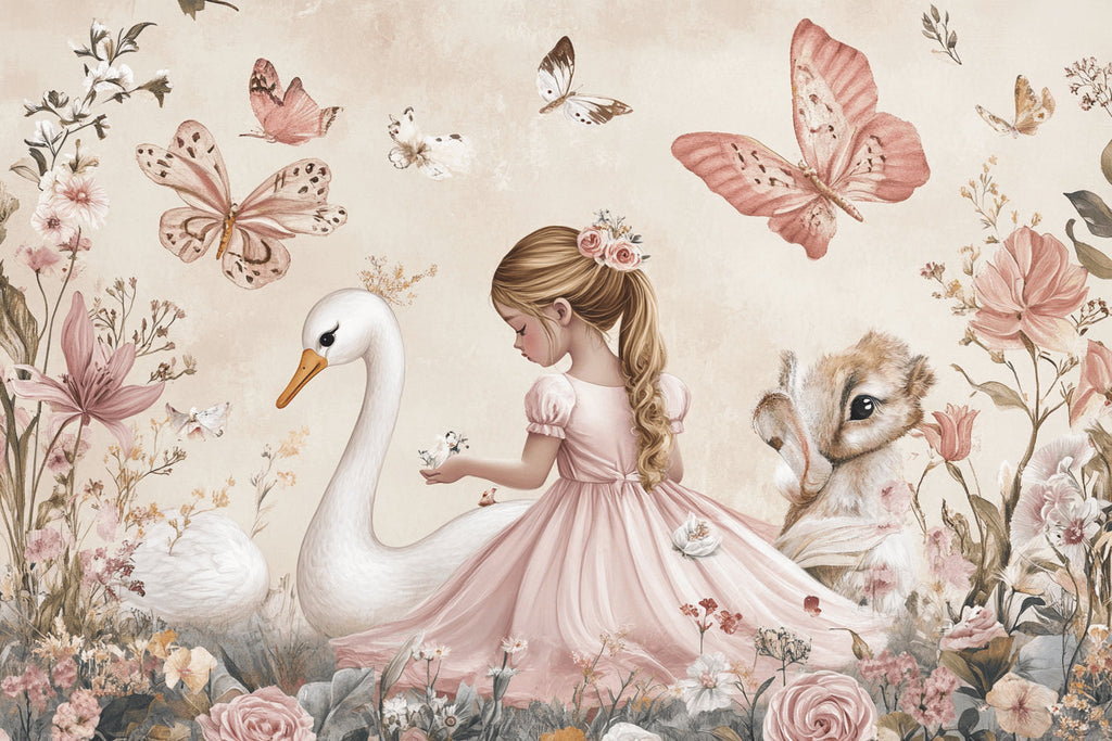 Princess garden wallpaper design file showing detailed swan and butterfly pattern on beige background