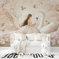 Princess wallpaper with swan in a cozy nursery with pink accents and soft lighting