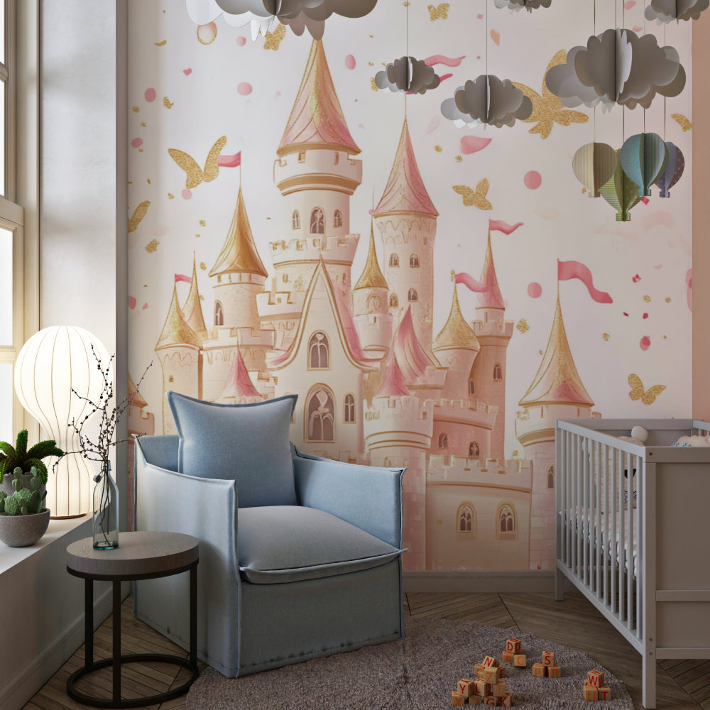 Castle wallpaper with pink and gold details in a girl's bedroom