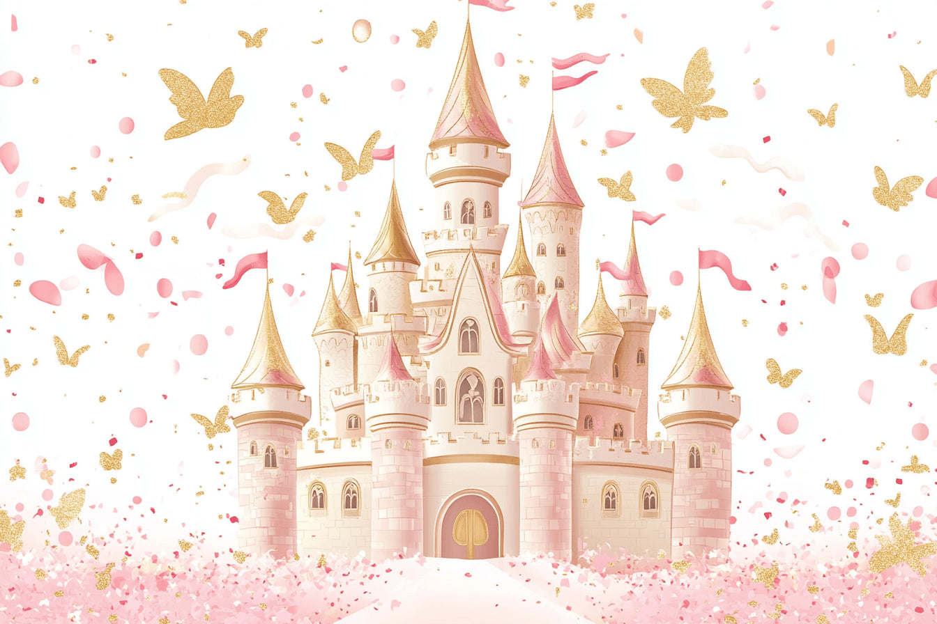 Design file showing detailed castle pattern with delicate gold butterflies and pink accents