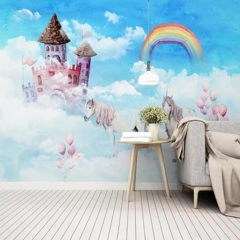 Princess castle wallpaper with unicorns creates magic in a bright, modern girl's bedroom with pink accents