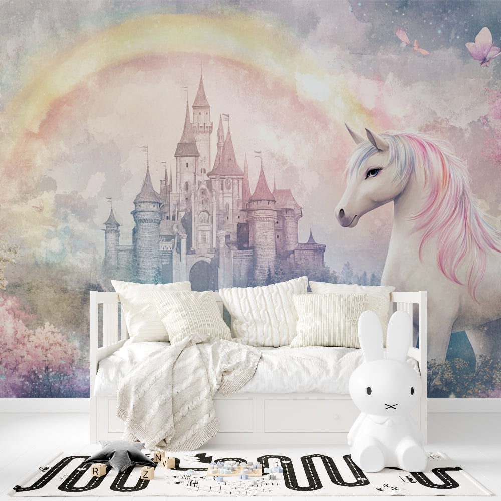 Princess castle wallpaper creates magic in a little girl's bedroom with soft pink walls and white furniture