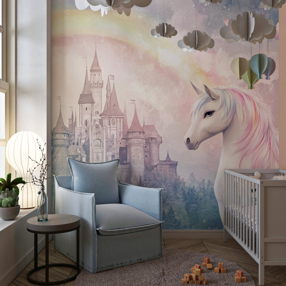 Magical unicorn wallpaper transforms a playroom into an enchanted space with reading nook