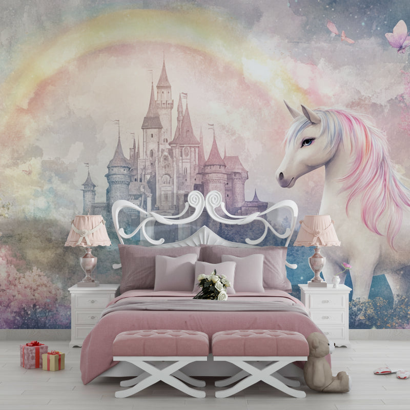 Princess mural in nursery showing castle and rainbow design with matching decor
