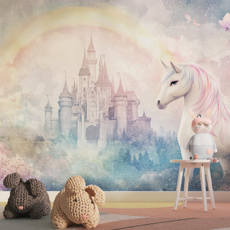 Enchanted castle wallpaper displayed in child's bedroom with fairy lights