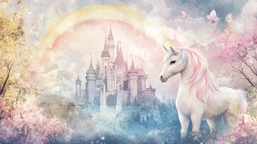 Princess castle and unicorn wallpaper design file showing detailed pattern with rainbow colors