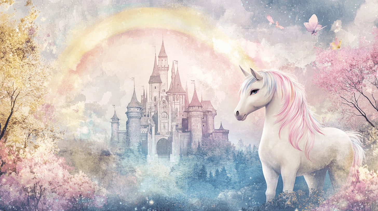 Princess castle and unicorn wallpaper design file showing detailed pattern with rainbow colors
