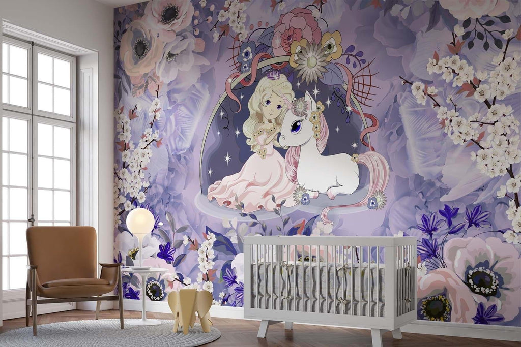 Princess unicorn wallpaper styled in a pink girl's bedroom, showing magical cherry blossoms and twinkling stars