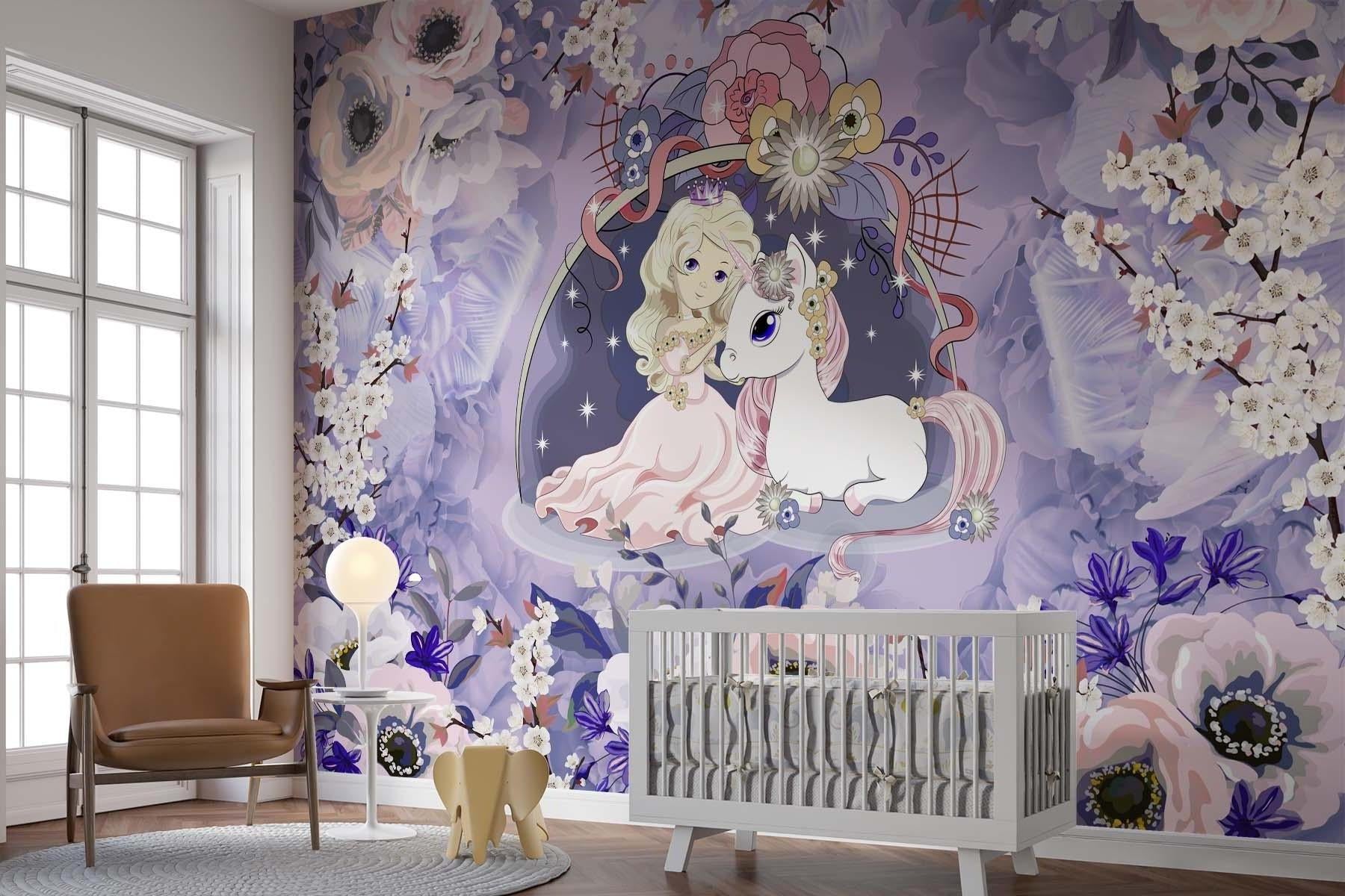 Princess unicorn wallpaper styled in a pink girl's bedroom, showing magical cherry blossoms and twinkling stars