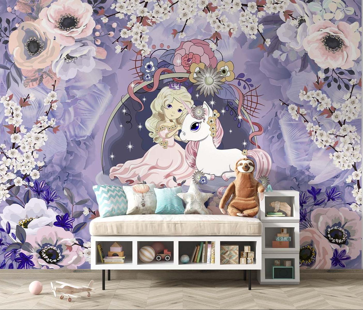 Magical princess wall mural featuring unicorn and cherry blossoms in a modern playroom setting