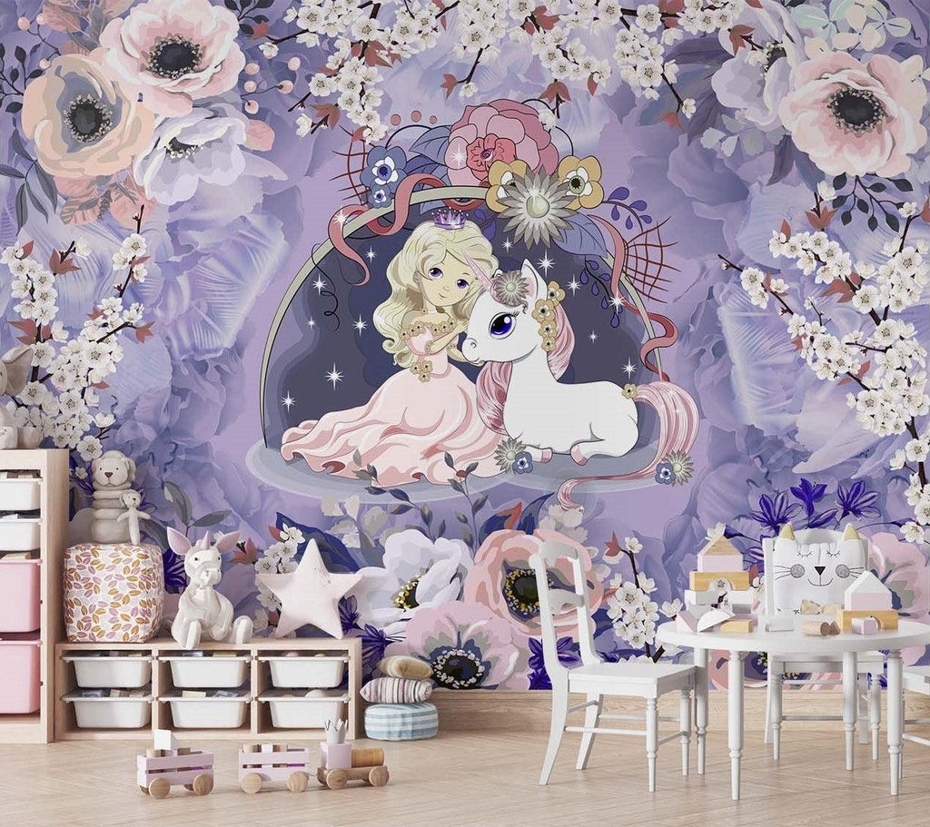 Cherry blossom princess wallpaper displayed in a nursery with soft purple accents