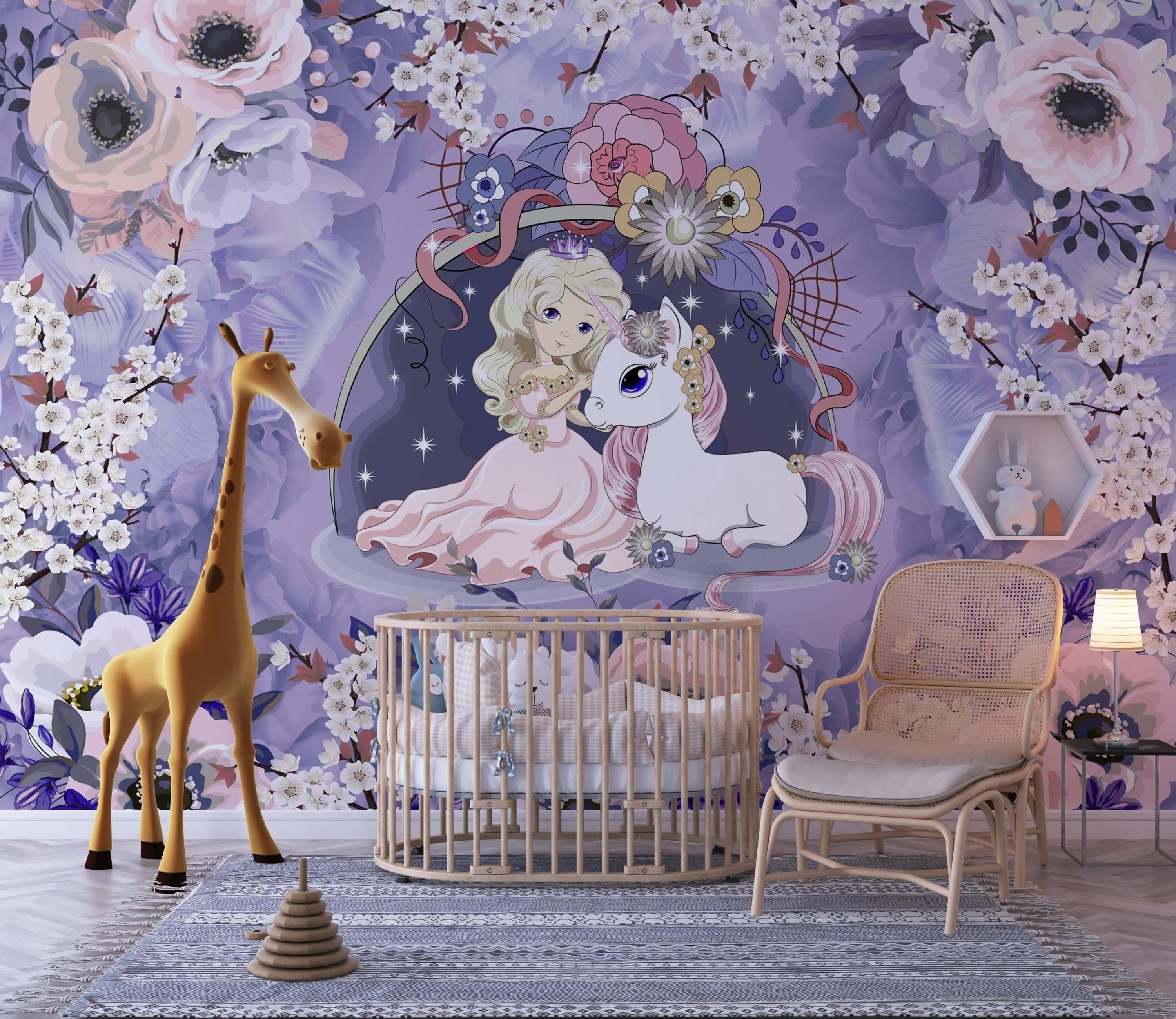 Princess and unicorn wall mural showcased in a reading nook with fairy lights