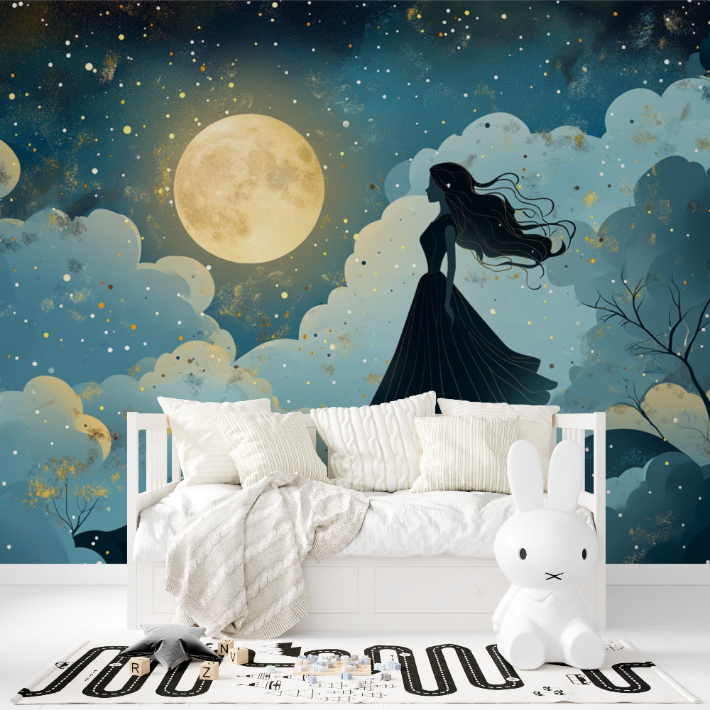 Princess wall mural creating magic in a modern girl's bedroom with soft lighting and cozy reading nook