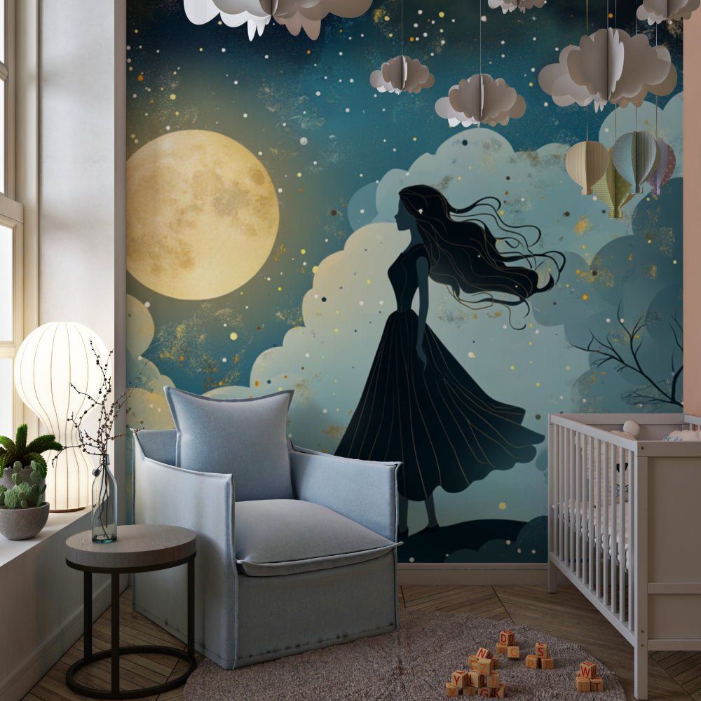 Art deco princess wallpaper adding elegance to a nursery with golden accents
