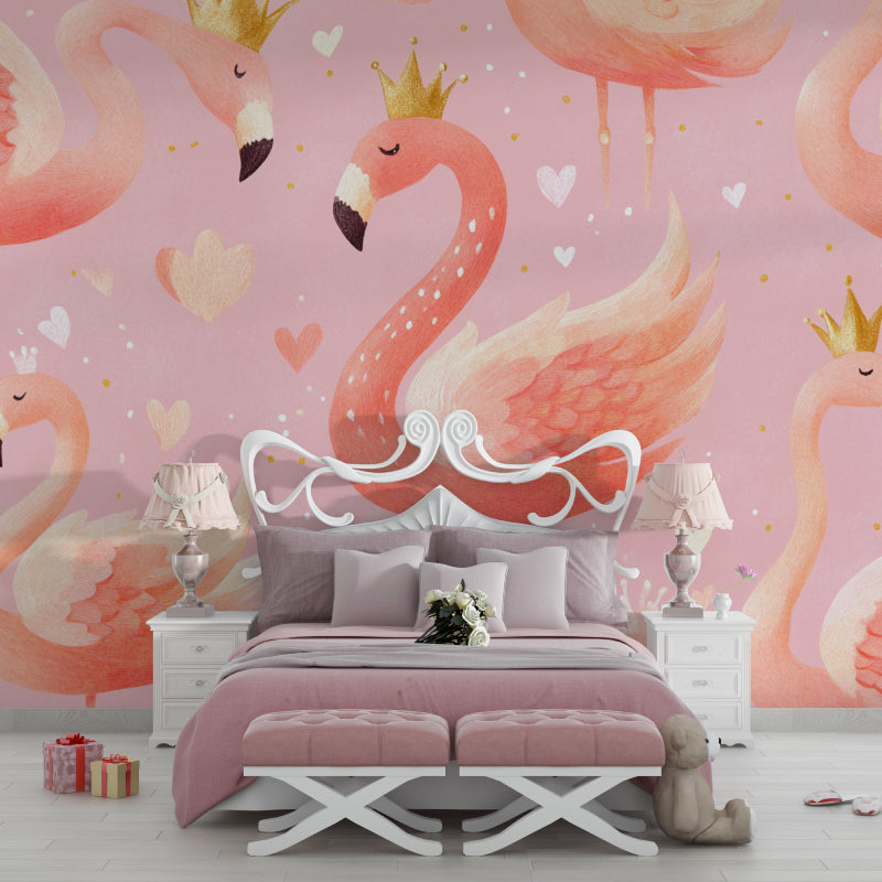 Princess Flamingo wallpaper creating magic in a girl's bedroom with soft pink walls and gold accents