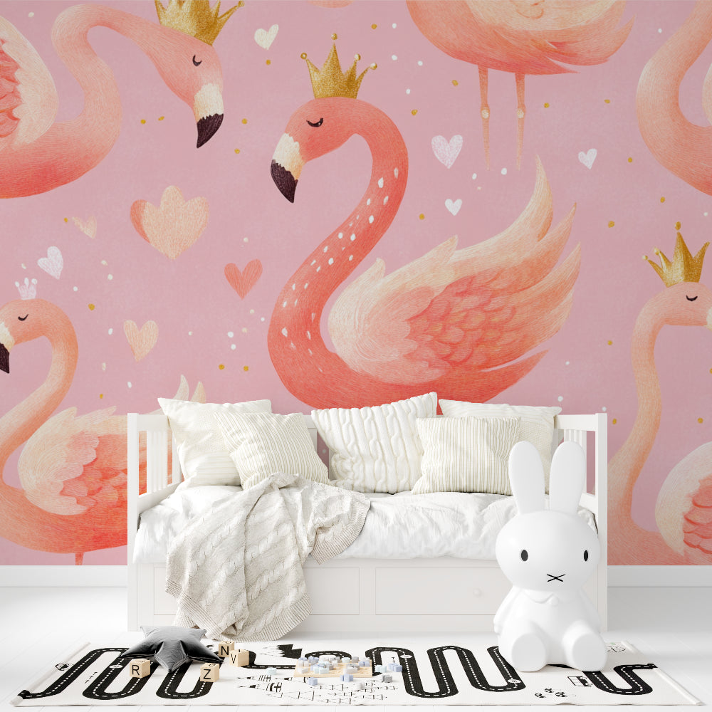 Royal Flamingo wallpaper creating a magical reading nook in a playroom
