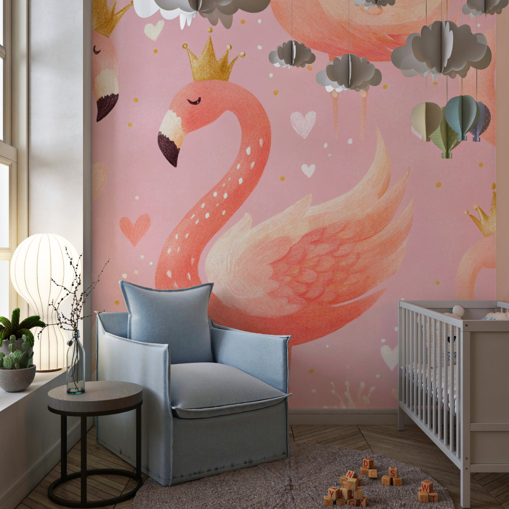 Princess wall mural with crowned flamingos making a sweet impact in a baby room