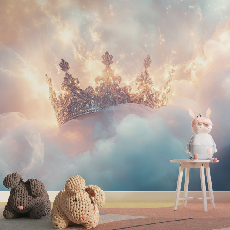 Princess crown wallpaper in a pink nursery with white furniture showing soft dreamy atmosphere