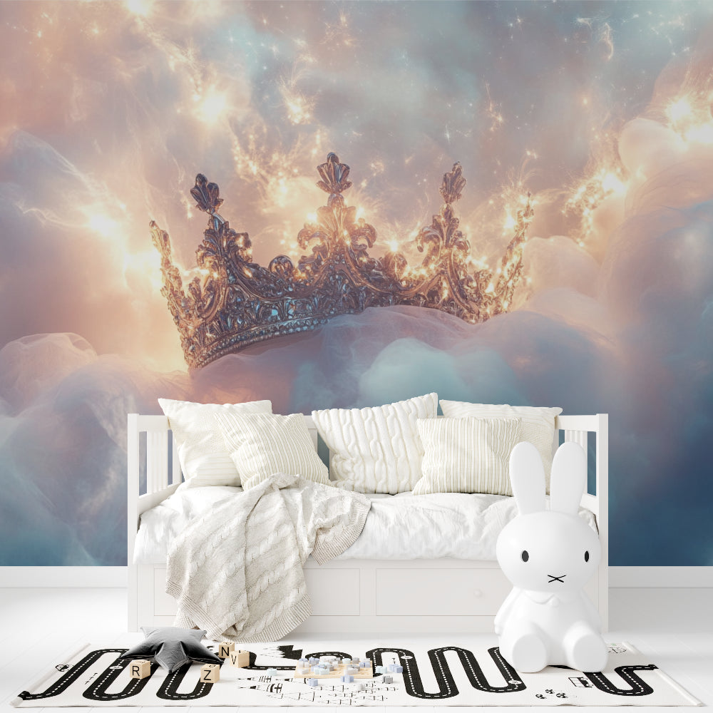 Royal crown mural wallpaper styled in a girl's bedroom with golden accents