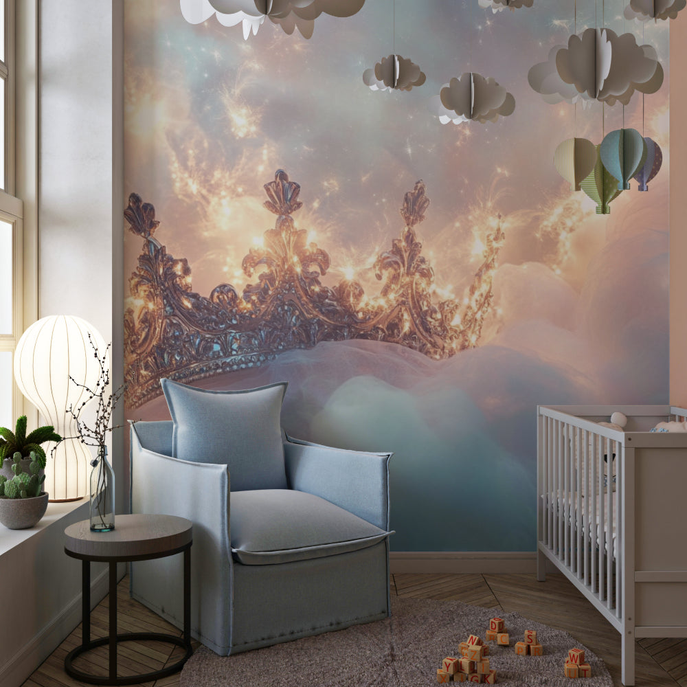 Princess wall mural featuring crown design in a modern playroom setting