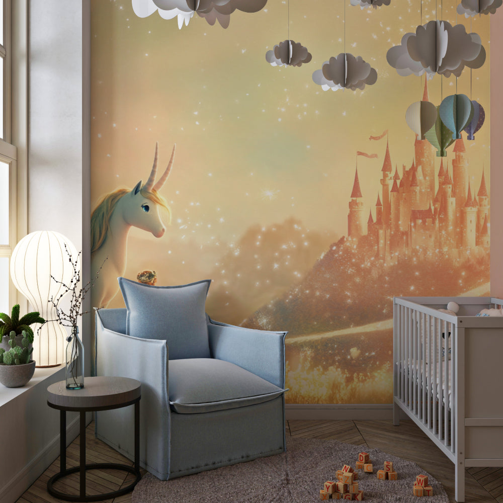 Princess wall mural in a reading nook with cozy furniture and fairy lights