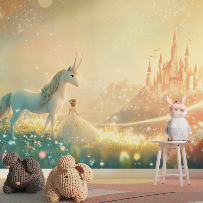 Fantasy princess mural displayed in a child's study area with desk and shelving