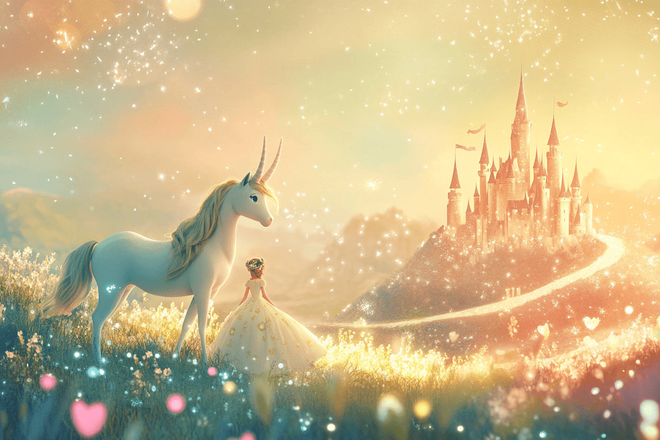 Princess castle and unicorn design file showing intricate details and magical golden-hour effects