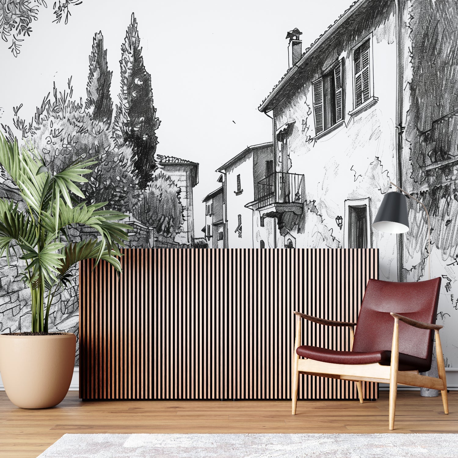 French village art mural making a bedroom feel like a boutique hotel in Provence
