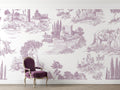 Purple Toile de Jouy wallpaper in a bright dining room showing French countryside scenes