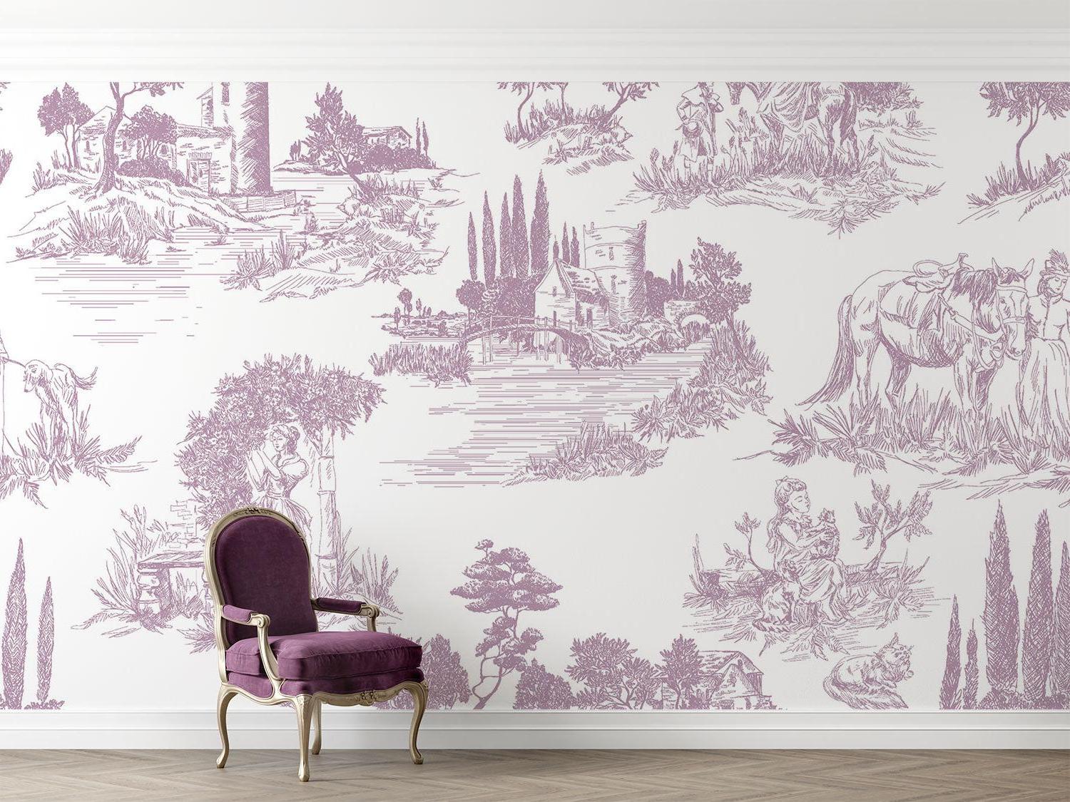 Purple Toile de Jouy wallpaper in a bright dining room showing French countryside scenes