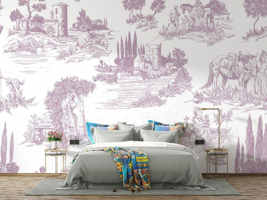 French countryside scene wallpaper in a guest bathroom setting
