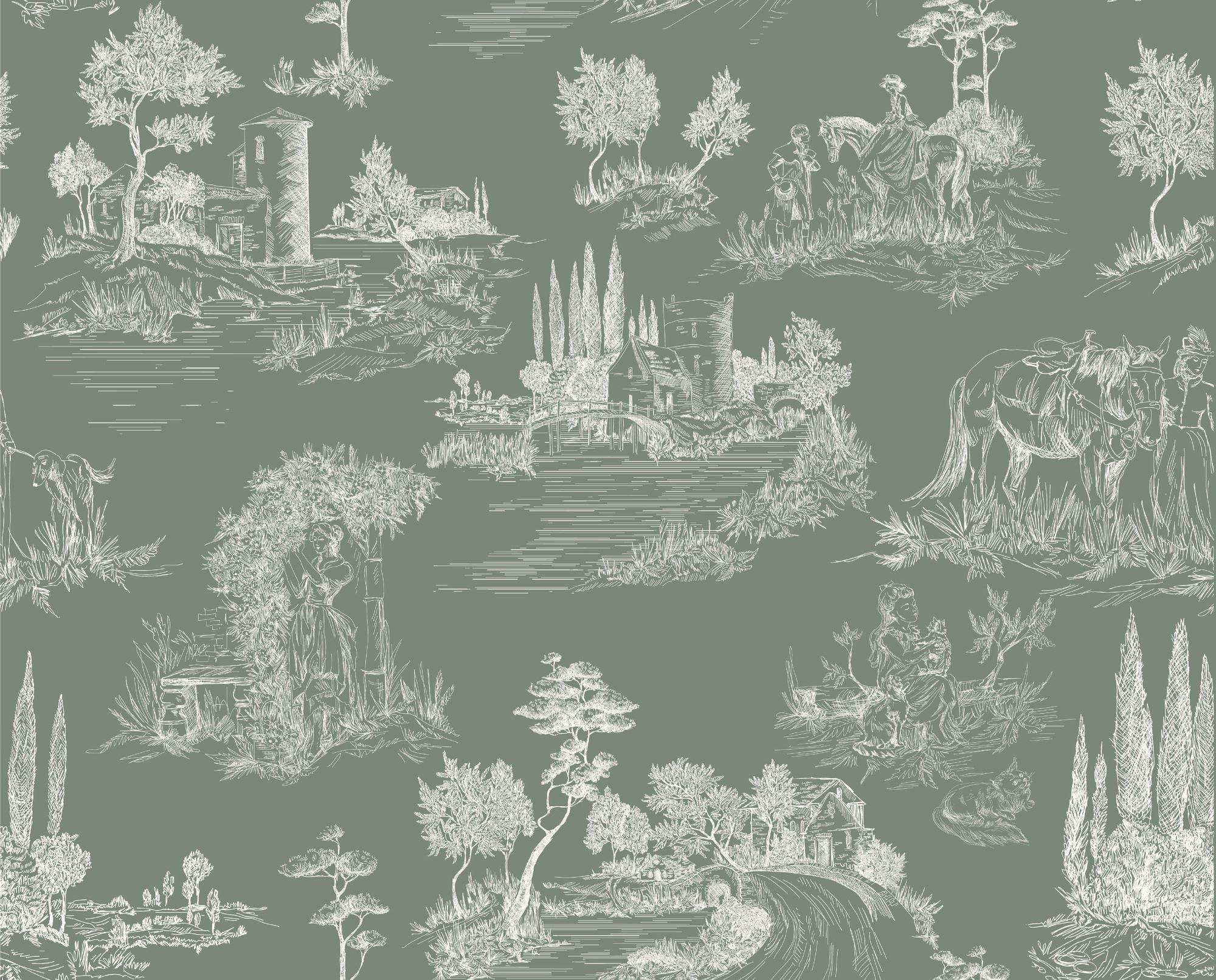 Design file of French countryside toile pattern in sage green showing intricate pastoral details