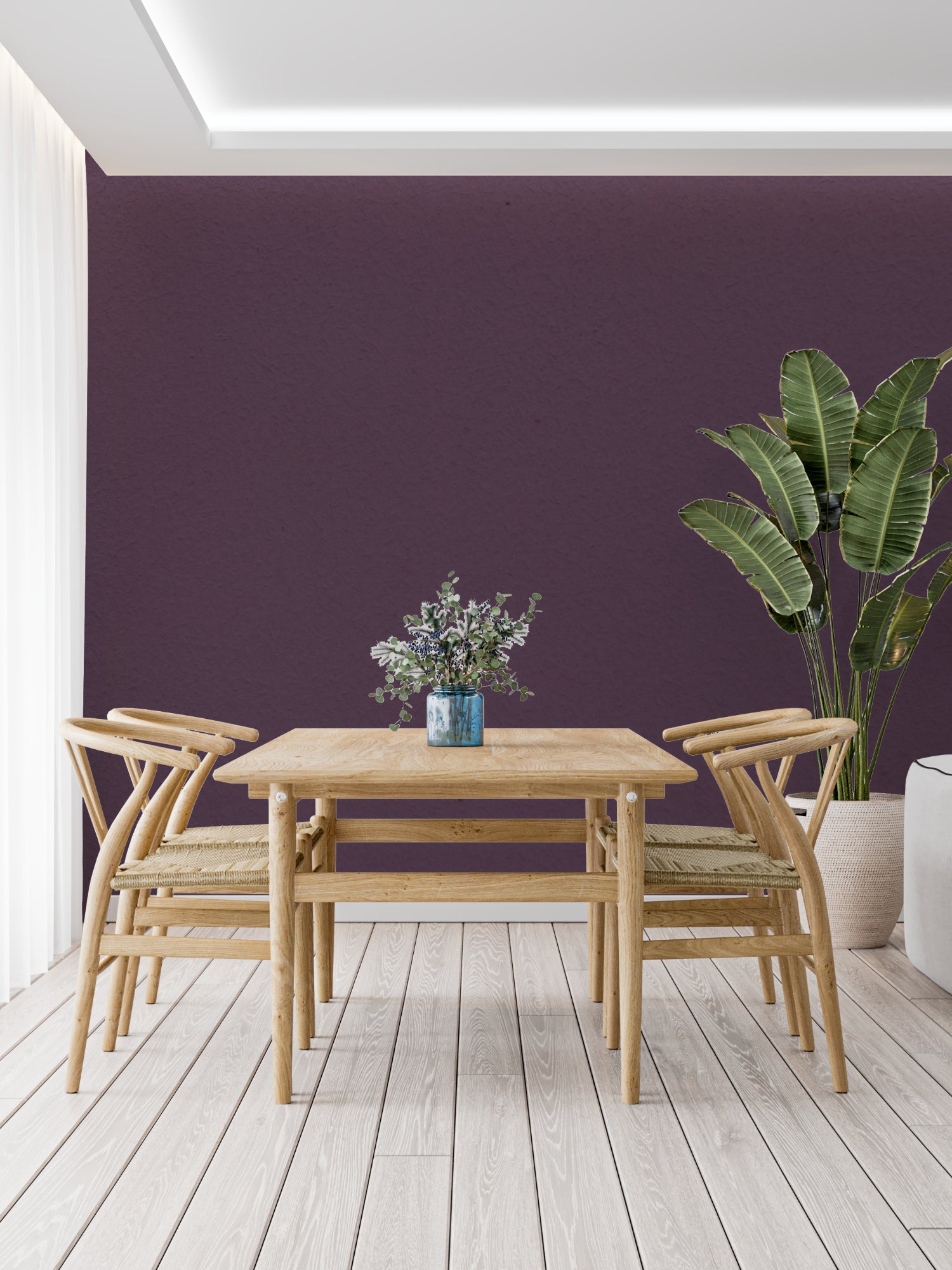 Home office featuring deep purple wall mural with minimalist desk setup