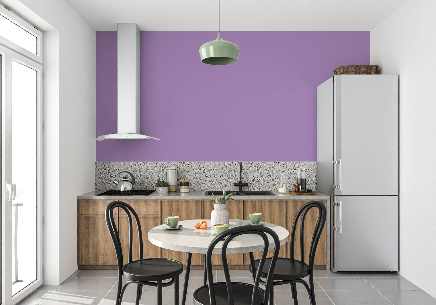 Modern purple wall mural showcased in a bright, contemporary bedroom interior