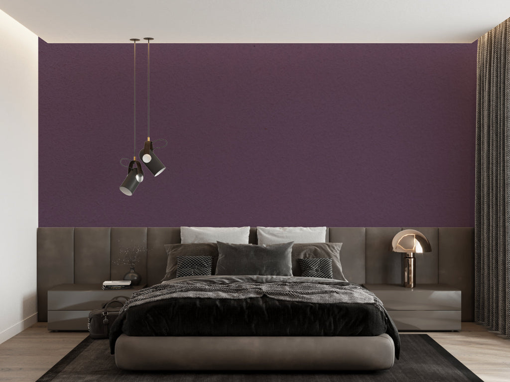 Solid purple wallpaper in dining room with contemporary furniture and gold accents