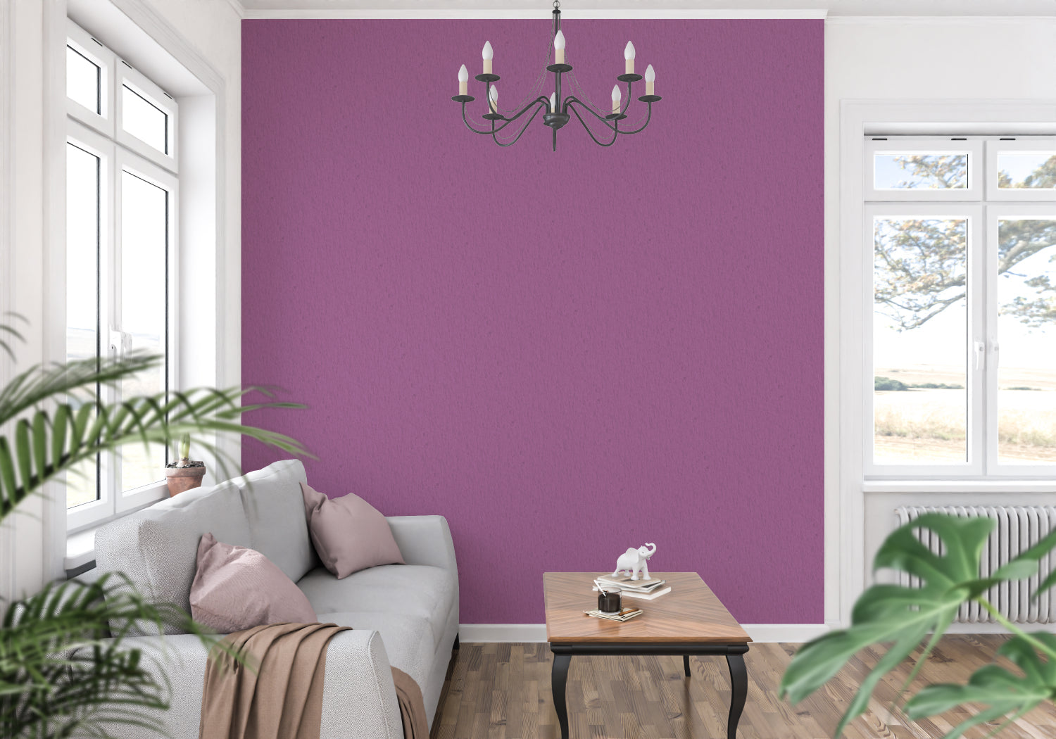 Solid purple wallpaper bringing warmth to a modern hallway